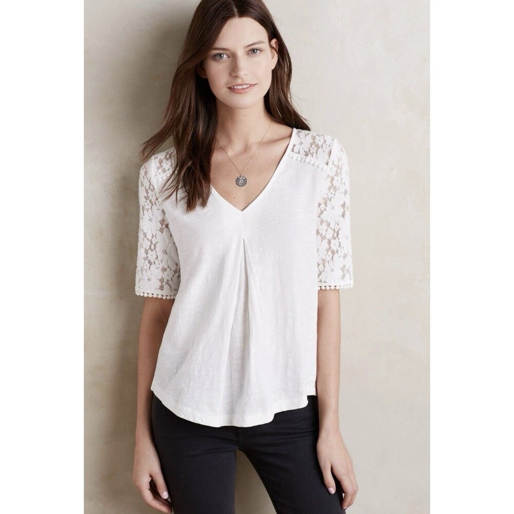 Anthropologie Meadow Rue White Brushed Lace Short Sleeve Top 100% Cotton Size S